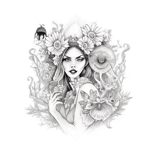 witch goddess with flowers, mushrooms, bees tattoo design idea
