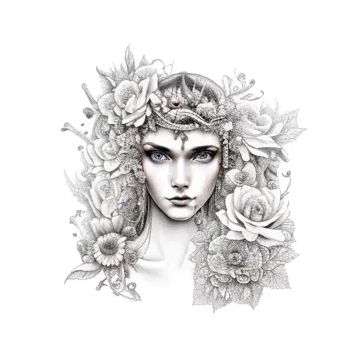nature goddess with flowers and mushrooms tattoo design idea