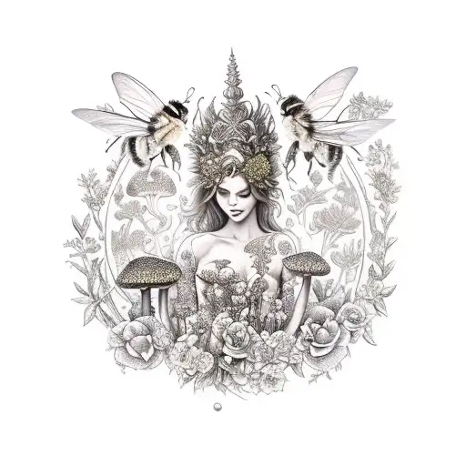 nature goddess with flowers, mushrooms, bees, and candles tattoo design idea