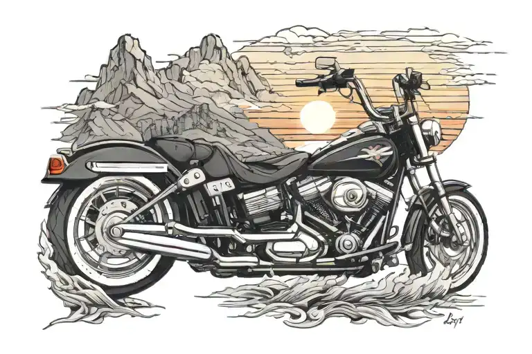 black 2021 Harley low rider with sunset, fish, Harley symbol and mountains in the distance  tattoo design idea