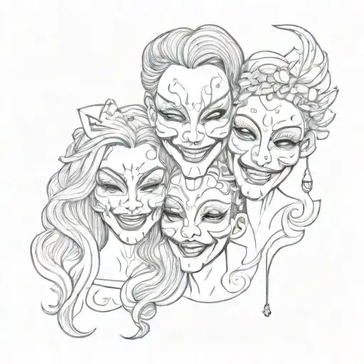 female cartoon laugh now cry later mask tattoo design idea