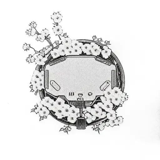 90's style SNES controller, cherry blossoms background, Fleetwood Mac flower logo incorporated somewhere tattoo design idea