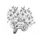 90's style SNES controller, cherry blossoms background, Fleetwood Mac flower logo incorporated somewhere tattoo design idea