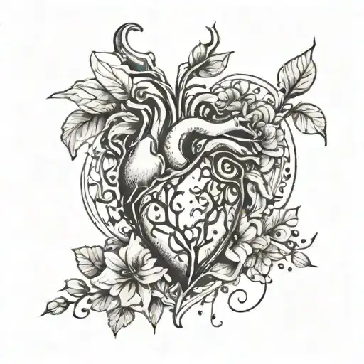 A broken heart intertwined with music notes and a blooming flower tattoo design idea