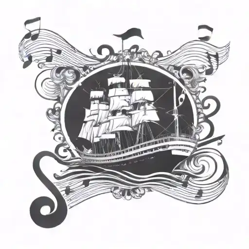 A vintage cruise ship sailing on a sea of musical notes, combining a love for cruising and music tattoo design idea