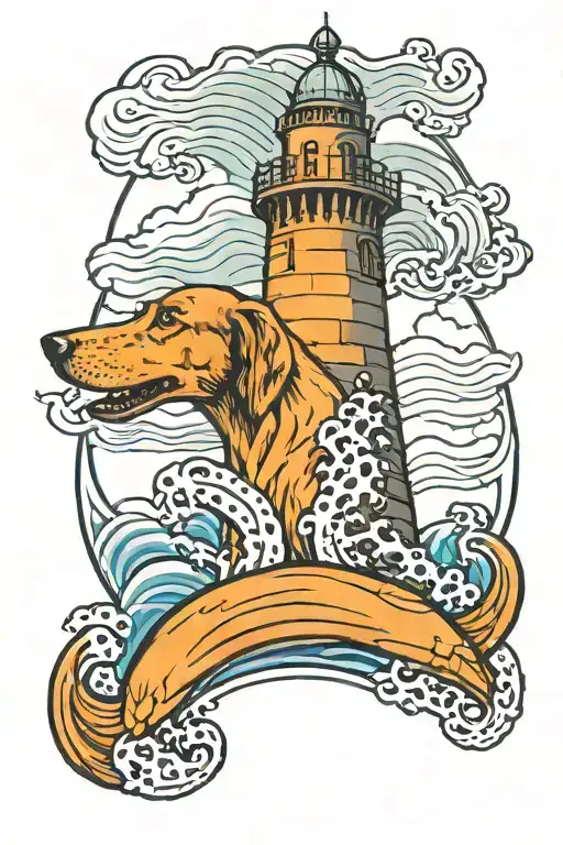wave with a hounds head and an Irish round tower tattoo design idea