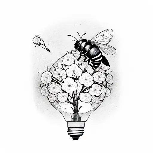 broken light bulb, with some cherry flowers blooming from it, three bees flying around tattoo design idea