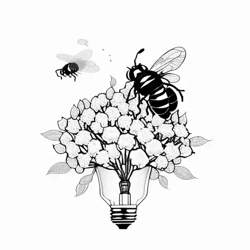 broken light bulb, with some cherry flowers blooming from it, three bees flying around tattoo design idea