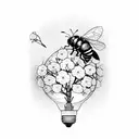broken light bulb, with some cherry flowers blooming from it, three bees flying around tattoo design idea