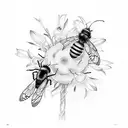 broken light bulb, with some cherry flowers blooming from it, three bees flying around tattoo design idea
