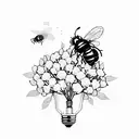 broken light bulb, with some cherry flowers blooming from it, three bees flying around tattoo design idea