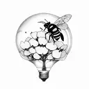 broken light bulb, with some cherry flowers blooming from it, three bees flying around tattoo design idea
