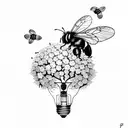 broken light bulb, with some cherry flowers blooming from it, three bees flying around tattoo design idea