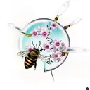 broken light bulb, with some cherry flowers blooming from it, three bees flying around tattoo design idea