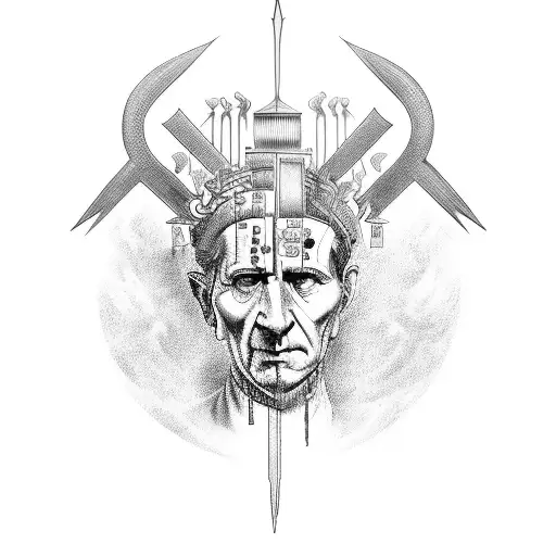 A detailed portrait of Julius Caesar with white eyes, surrounded by intricate architectural blueprints and lightning bolts tattoo design idea