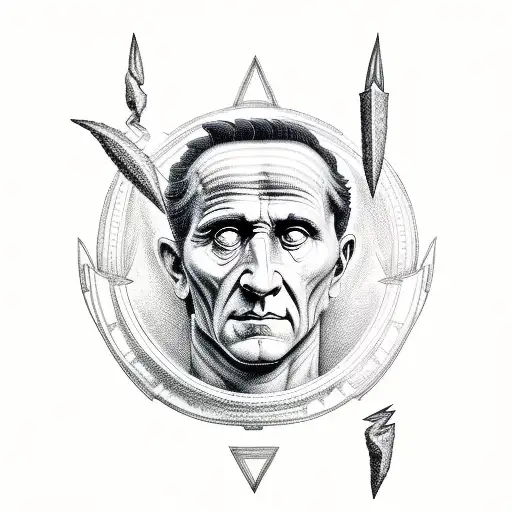 A detailed portrait of Julius Caesar with white eyes, surrounded by intricate architectural blueprints and lightning bolts tattoo design idea