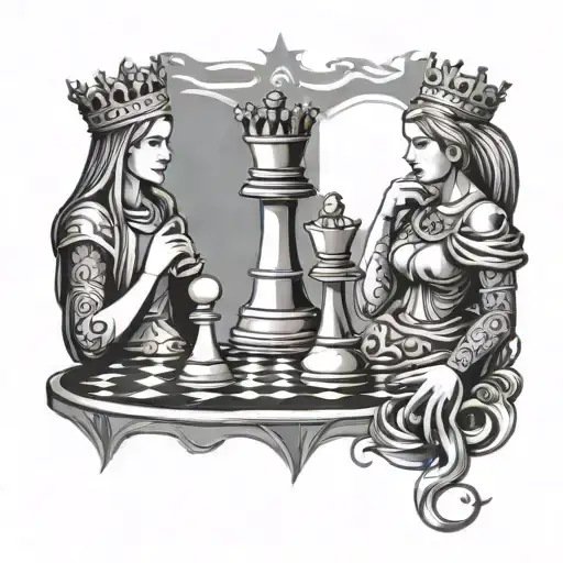 Chess king piece, 2 chess queens, 3 chess pawns, posed like a family with chessboard background tattoo design idea