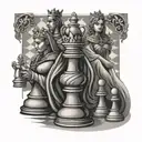 Chess king, 2 queens, 3 pawns, posed like a family with chessboard background tattoo design idea