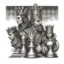 Chess king, 2 queens, 3 pawns, posed like a family with chessboard background tattoo design idea