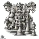 Chess king, 2 queens, 3 pawns, posed like a family with chessboard background tattoo design idea