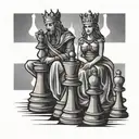 Chess king, 2 queens, 3 pawns, posed like a family with chessboard background tattoo design idea