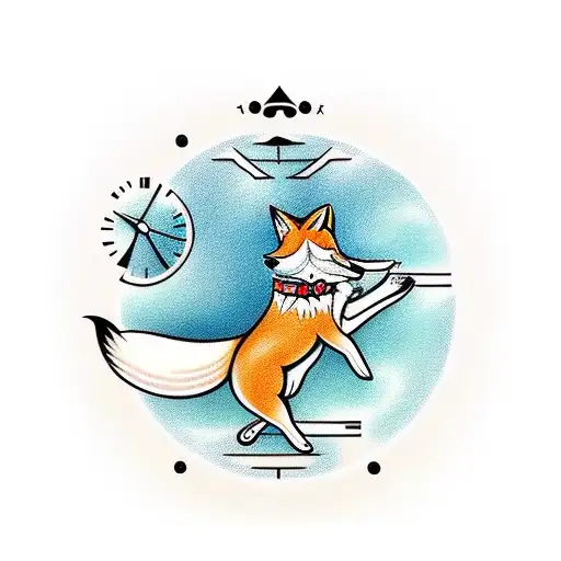 fox running with grace on a clock tattoo design idea