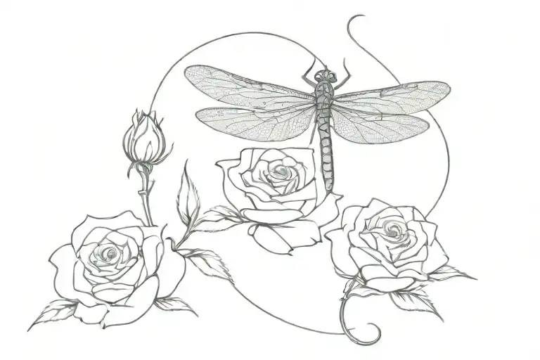 rose guitarron and dragonfly perched tattoo design idea