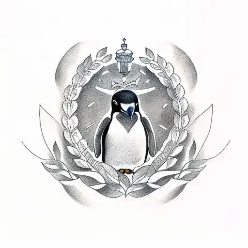 A tattoo of a penguin wearing a Greek laurel wreath, combining your love for penguins and Greek culture tattoo design idea