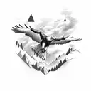 A majestic eagle soaring above a mountain range, symbolizing the client's entrepreneurial spirit tattoo design idea