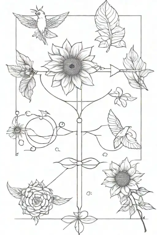 Unalome with:  Sunflower, Angel wings, Infinity sign, White dove, Archery Bow  tattoo design idea