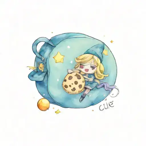cute cookie on a guccie bag with witch casting a spell tattoo design idea