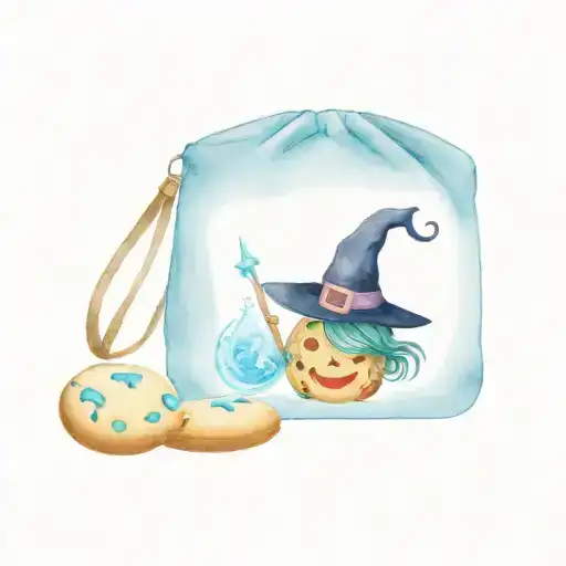 cute cookie on a guccie bag with witch casting a spell tattoo design idea