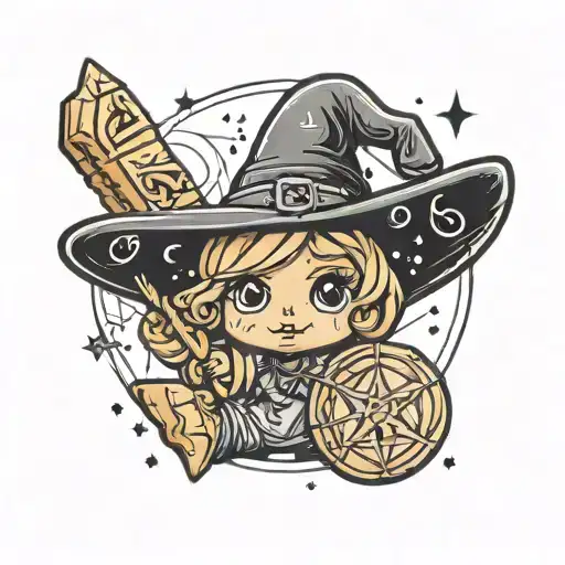 cute cookie on a guccie bag with witch casting a spell tattoo design idea