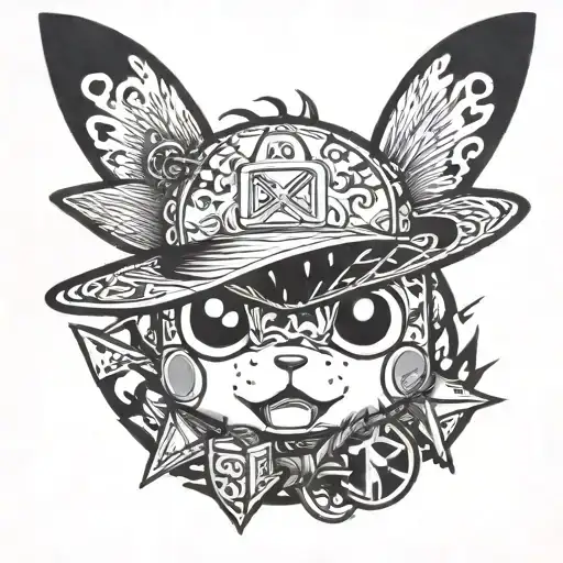 un Pikachu con el sombrero de Luffy de one piece y la bandana de naruto tattoo design idea