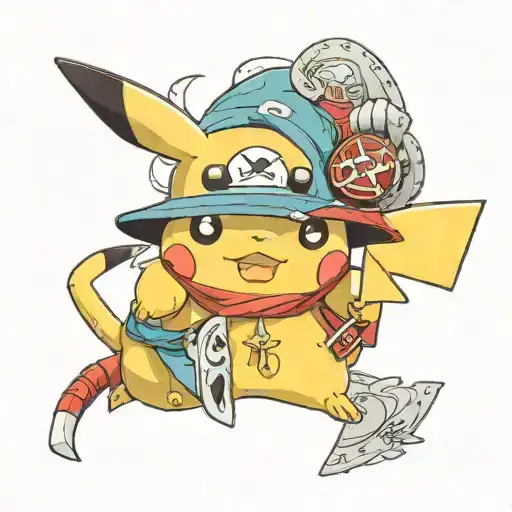un Pikachu con el sombrero de Luffy de one piece y la bandana de naruto tattoo design idea