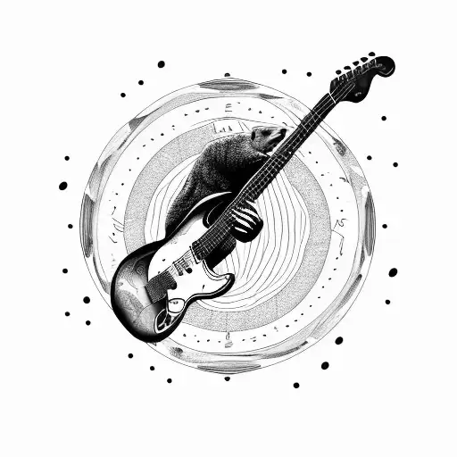 bear plays Fender Stratocaster guitar in woods , picture is in a tribal cyrcle , fire rain rains from the sky above tattoo design idea