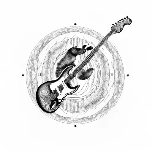 bear plays Fender Stratocaster guitar in woods , picture is in a tribal cyrcle , fire rain rains from the sky above tattoo design idea