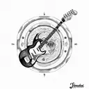 bear plays Fender Stratocaster guitar in woods , picture is in a tribal cyrcle , fire rain rains from the sky above tattoo design idea