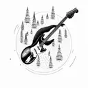 bear plays Fender Stratocaster guitar in woods , picture is in a tribal cyrcle , fire rain rains from the sky above tattoo design idea