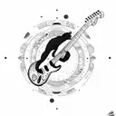 bear plays Fender Stratocaster guitar in woods , picture is in a tribal cyrcle , fire rain rains from the sky above tattoo design idea