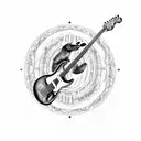 bear plays Fender Stratocaster guitar in woods , picture is in a tribal cyrcle , fire rain rains from the sky above tattoo design idea