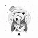bear plays Fender Stratocaster guitar in woods , picture is in a tribal cyrcle , fire rain rains from the sky above tattoo design idea