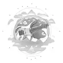 bear plays Fender Stratocaster guitar in woods , picture is in a tribal cyrcle , fire rain rains from the sky above tattoo design idea