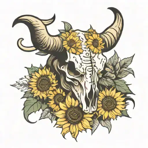 longhorn skull with sunflowers tattoo design idea