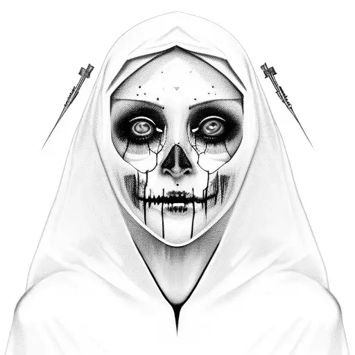 the Virgin Mary, creepy, dead, portret,cyberpunk, skull, wires, metal\ tattoo design idea