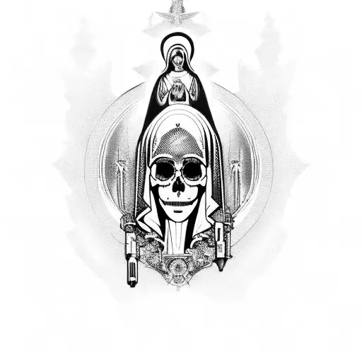the Virgin Mary, black, cyberpunk, skull tattoo design idea