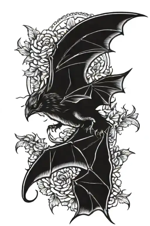 a big bat with wings spread, a horseshoe and chrysantemiums in the back tattoo design idea