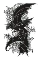 a big bat with wings spread, a horseshoe and chrysantemiums in the back tattoo design idea