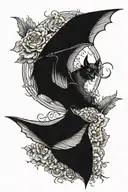 a big bat with wings spread, a horseshoe and chrysantemiums in the back tattoo design idea