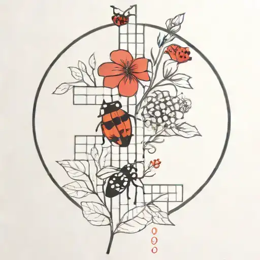 Black and red flowers with ladybug and crossword puzzle  tattoo design idea